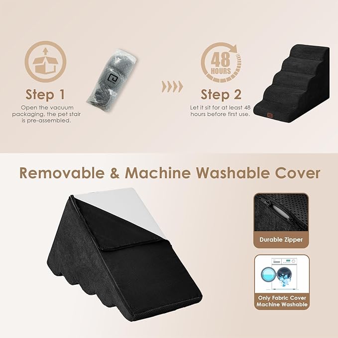 EHEYCIGA Curved Dog Stairs Ramp for High Beds, 5-Step Extra Wide Dog Steps for Small Dogs and Cats, Pet Stairs for High Bed Climbing, Non-Slip Balanced Pet Step Indoor, Black