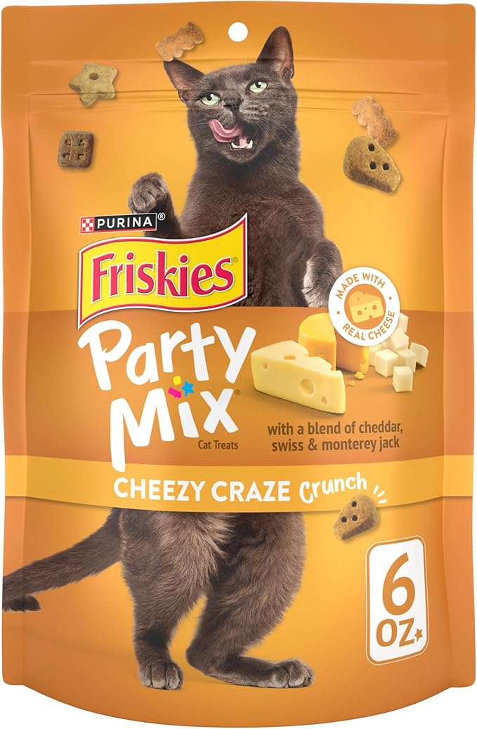Purina Friskies Cat Treats, Party Mix Cheezy Craze Crunch - (Pack of 6) 6 oz. Pouches
