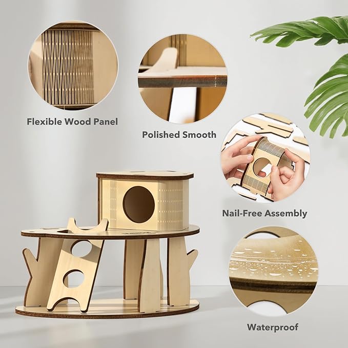 Wooden Hamster House with Ladder, 2-Tier Tree House Design Hamster Hideout Cage Accessories for Dwarf Gerbil Mouse