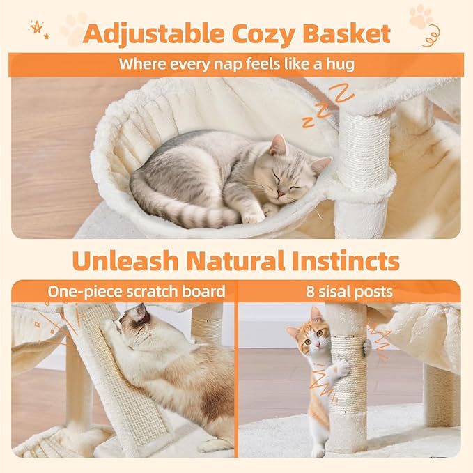 Taoqimiao Cat Tree 57.5-Inch, Cat Tower for Indoor Cats Large Adult, Extra Large Cat Condo, 8 Sisal Scratching Posts, Metal Frame Cozy Hammock, Durable Scratch Board, 2 Top Perches, Beige MS026M