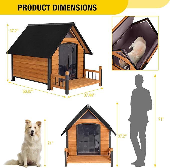 Outdoor Heated Dog House with All-Around Insulated Liner Weatherproof Puppy Shelter Indoor Dog Kennel, Anti-Bite Dog Home for Large Breed with Porch (Brown-2, 50.8" D x 37.4" W x 37.2" H)