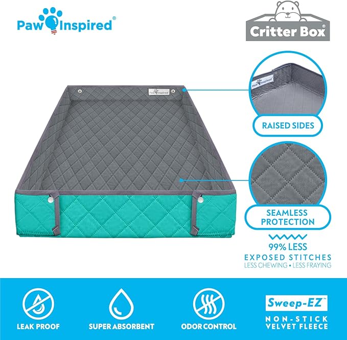 Paw Inspired Critter Box Washable Cage Liner, Reversible Fleece Bedding with Raised Sides for Guinea Pigs and Other Small Animals (C&C 2x4 (14" Grids), Gray/Green)