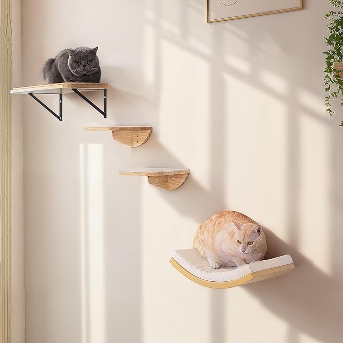 Wall Mounted Cat Steps 2 Pack – Square Wood Cats Shelves with Felt Cushions for Climbing, Jumping & Resting