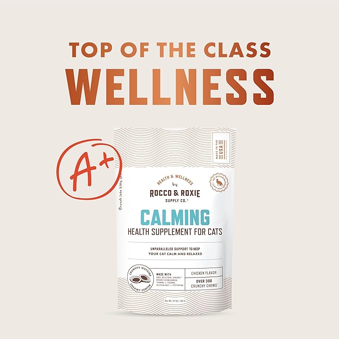 Rocco & Roxie Cat Calming Treats with Melatonin for Cats, Stress and Anxiety Relief, Keep Calm for Grooming, Travel, or Vet Visits, Aid Sleep with Organic Ashwagandha and GABA, Chicken Flavored Chews
