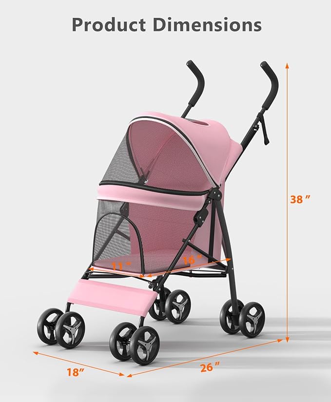 Pet Stroller with 4 Wheels for Small/Medium Pets, Portable Travel Foldable Carrier Jogger for Dog Cat Puppy Kitty, Rear Wheel Breaks, Storage Basket, Visible Mesh with Weather Cover (Pink)
