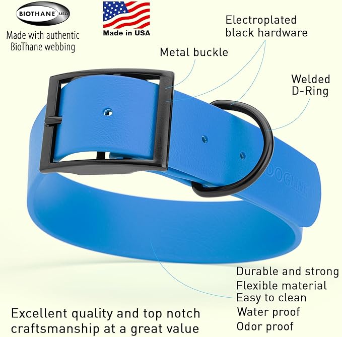 Dogline Biothane Waterproof Dog Collar Strong Coated Nylon Webbing with Black Hardware Odor- Proof for Easy Care Easy to Clean High Performance Fits Small Medium or Large Dogs, Cerulean Blue