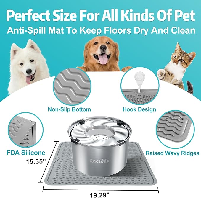 1.5 Gal Dog Water Bowl No Spill, 5.6L Stainless Steel Bowls and Non-Slip Dog Bowl Mats for Food and Water, Silicone Pet Feeding Mats for Floors Waterproof