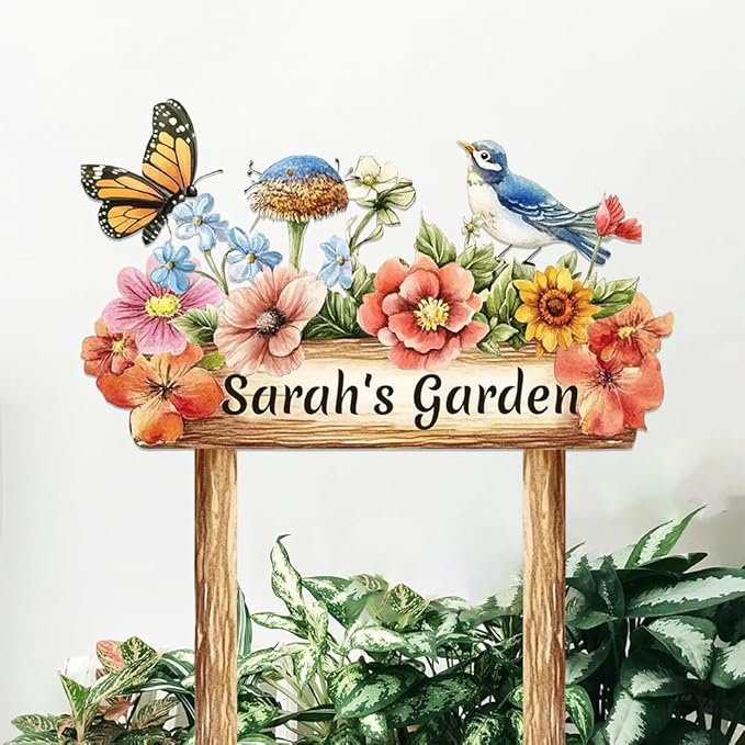 Personalized Colorful Bird Metal Sign with Stake,Custom Gardener Last Name Signs Outdoor Decorate,Customized Garden Accessories Decor for Mom,Butterfly Flowers Plaques for Patio Lawn Porch Backyard