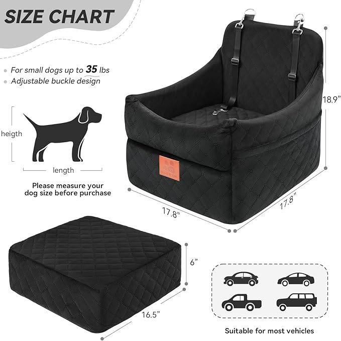Dog Car Seat for Small/Medium Dogs, Dog Booster Car Seats with Thick Cushion for Dogs Under 35lbs, Detachable Washable Pet Car Seat with Storage Pockets, 2 Safety Belts(Black)