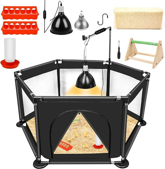 Chicks Brooder Box for Chicken Starter Kit- Includes Timing Heat Lamp Set, Detachable Chicken Brooder, Up to 15 Chicks, Sawdust, Chick Feeder and Waterer Set, Chick Perch 6-in-1 Chicken Coop Set.(B)