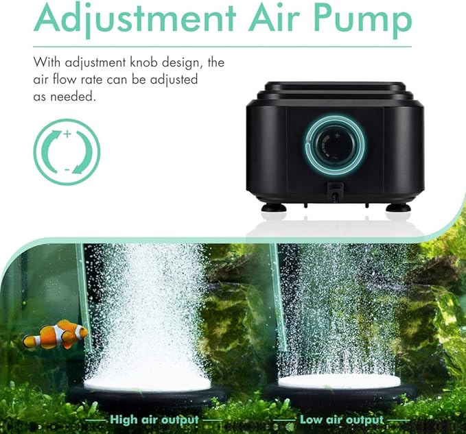 hygger Quietest Aquarium Air Pump, Adjustable Oxygen Pump 2 Air Outlets Ultra Silent Powerful Aerator Pump Up to 600Gallon Fish Tank 255GPH 10W