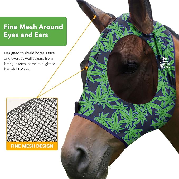 Harrison Howard Super Comfort Stretchy Fly Mask Large Eye Space with UV Protection Soft on Skin with Breathability Live Leaf S