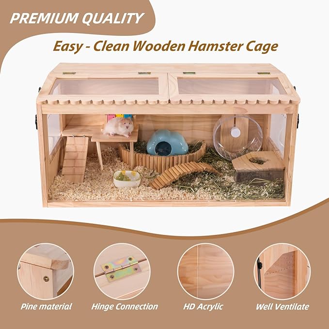 Wooden Hamster Cage, 32"x16"Guinea Pig Cage, Small Animal Cage for Dwarf Syrian Hamsters Degus Mice & Other Small Pets. Large Hamster cage with with 2 Adjustable skylights.