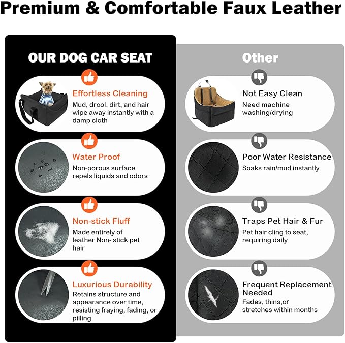 Dog Car Seat for Small Dogs, Large Leather Dog Car Bed with Storage Pocket, Waterproof PVC Leather Booster Seat Travel Bed for Front & Back Seat, Clip-On Safety Leash (Black)