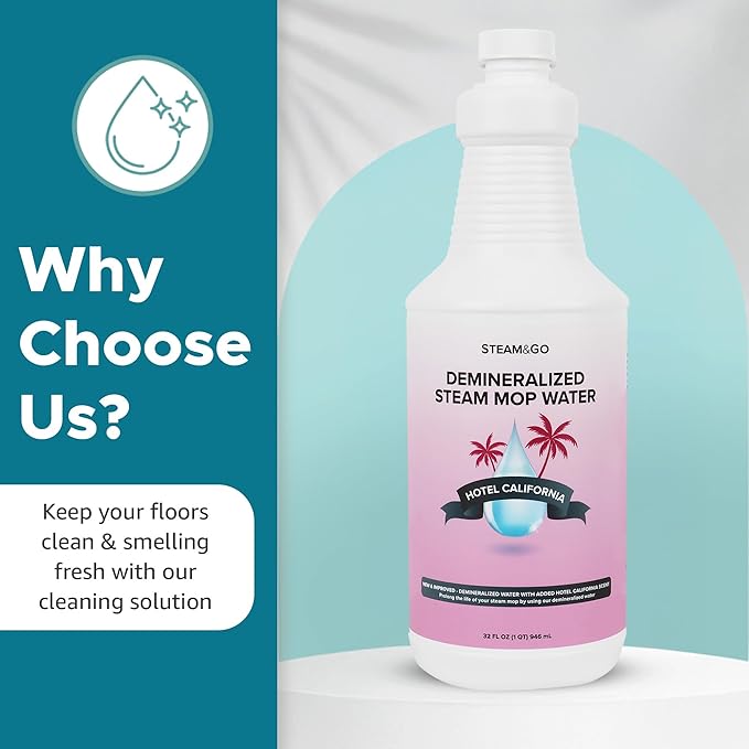 Steam & Go Deminerilized Water - Multi-Surface Cleaner for Steam Cleaners, Hardwood Floors, Kitchens, & Bathrooms - Germ-Killing Formula - Hotel California Scent - 32 Ounces (Pack of 1)