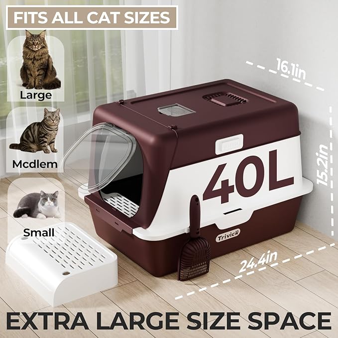 XX-Large Stainless Steel Cat Litter Box with Lid – Fully Enclosed Large Litter Box for Big Cats, Odor Control with Magnetic Door, Easy Clean, Multi-Cat Durable Metal Pan (Burgundy)