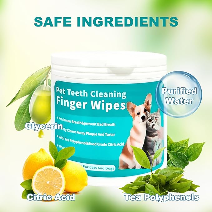 Pet Dental Finger Wipes for Cats & Dogs - 50 Count | Plaque Remover, Tartar Control & Breath Freshener | Soft Gauze Teeth Cleaning Pads for Pets