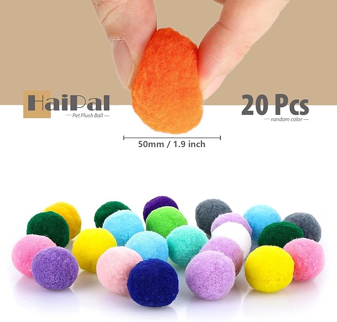 Cat Toy Balls, 20Pcs Premium Soft Pom Pom Balls for Kittens, 1,9'' Funny Interactive Cat Pompom Toys for Bored Indoor Cats Playing Plush Balls for Craft DIY Decorations, Cute Kitten Kitty Toys.