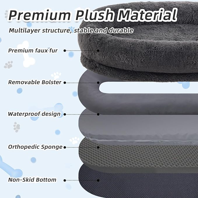 Human Dog Bed, 71''x45''x12'' Size Fits You and Pets, Washable Faux Fur Pet Bed for People Doze Off, Napping Orthopedic Dog Bed, Present Plump Pillow, Blanket, Strap - Dark Grey