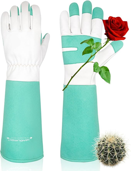 HANDLANDY Long Gardening Gloves for Men & Women, Thorn Proof Rose Pruning Gloves Leather Gauntlets Garden Glove Yard Work Glove (Medium, Green)