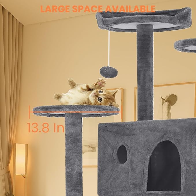 54.7 Inches Cat Tower for Indoor Cats, Multi-Level Cat Condos with Scratching Posts, Hanging Toys, Light Gray