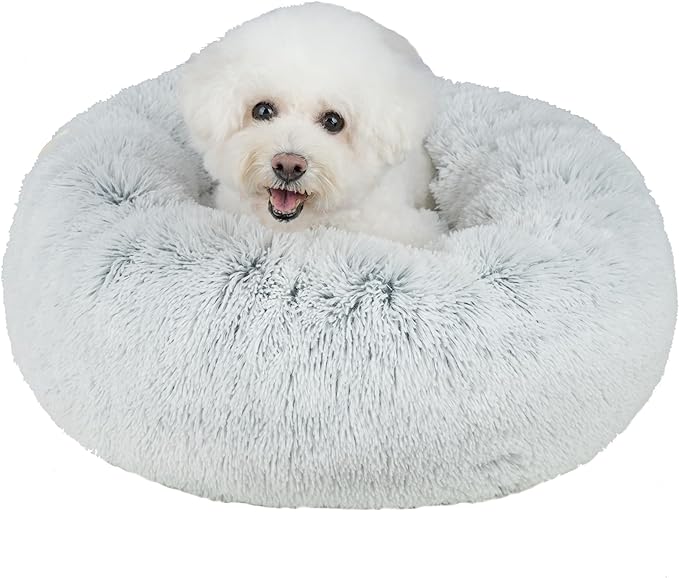 Best Pet Supplies Round Donut Dog Bed with Plush Faux Fur Fabric, Calming, Anti-Anxiety Cushion for Indoor Pets, Slip-Resistant Base, Soft Ergonomic Support - Light Warm Gray, 27x27x7.5''