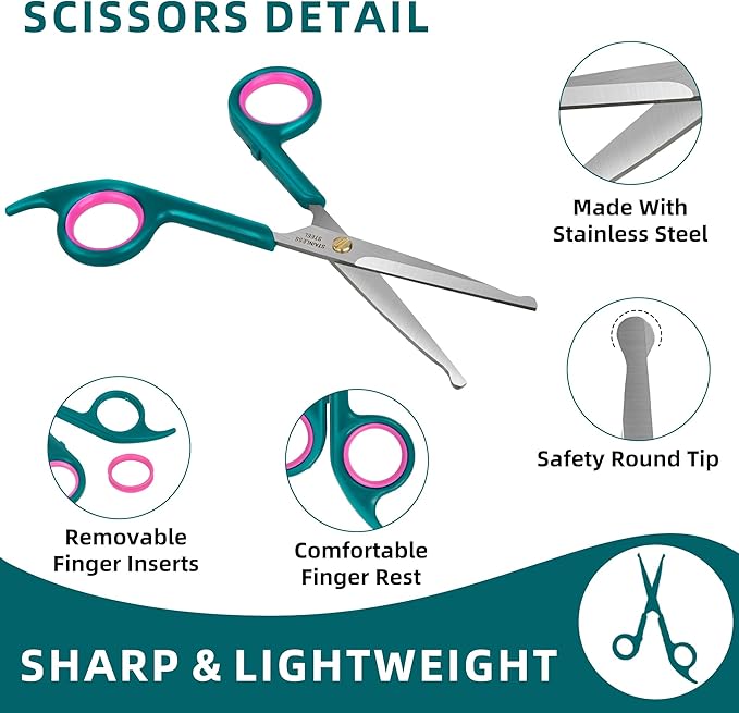 Professional Pet Grooming Kit, Stainless Steel Dog & Cat Grooming Shears with Rounded Tip Blades for Safe Fur Trimming, Thinning Shears, Straight Scissors, and Pet Comb (Set of 3)