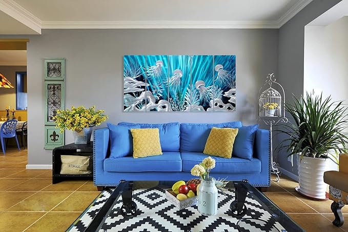 SYGALLERIER Jelly Fish Large Metal Wall Art Hand Grind Aluminum Artwork 3D Undersea World Coastal Pictures Nautical Decor for Living Room Bedroom