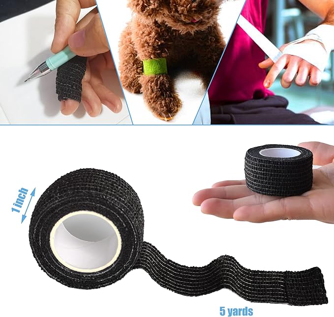 9 Pack 1" x 5 Yards Self Adhesive Bandage Wrap Self Stick Wrap for Ankle, Wrist, Finger, Sports, Breathable Cohesive Vet Tape for Pets (Black)