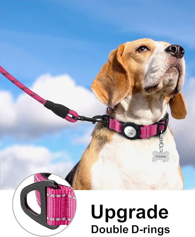 TagME Airtag Dog Collar,Waterproof Reflective Pet Collar with Airtag Holder,Soft Padded and Double D-Rings for Medium Dogs,Hot Pink