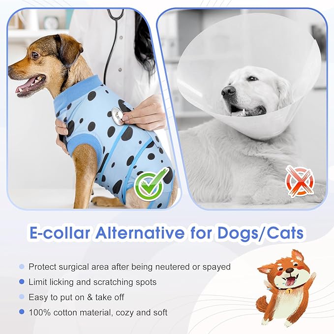 Kuoser Dog Surgery Recovery Suit, Anti Licking Pet Surgical Suit for Dogs Male Neuter, Female Dog Surgery Suit for Spay Subsititute E-Collar Cone, Dogs Body Suits After Surgery Blue Polka Dot 2XL