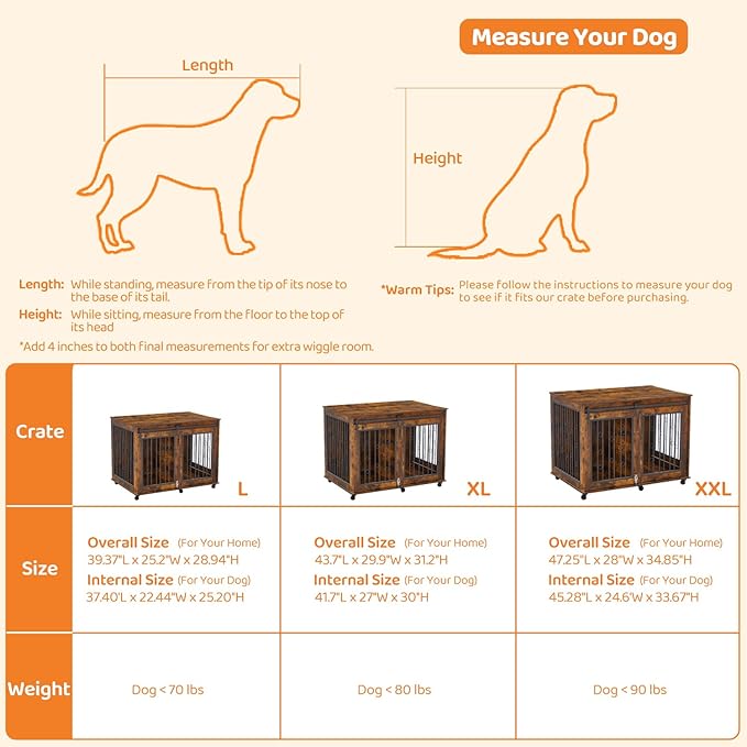 IchbinGo Large Dog Crate Furniture, 47" Wooden Dog Kennel with Sliding Barn Door, Flip-Top Lid & Wheels, Indoor Pet Crate Table with Detachable Divider for Small/Medium/Large Dogs (Rustic Brown)