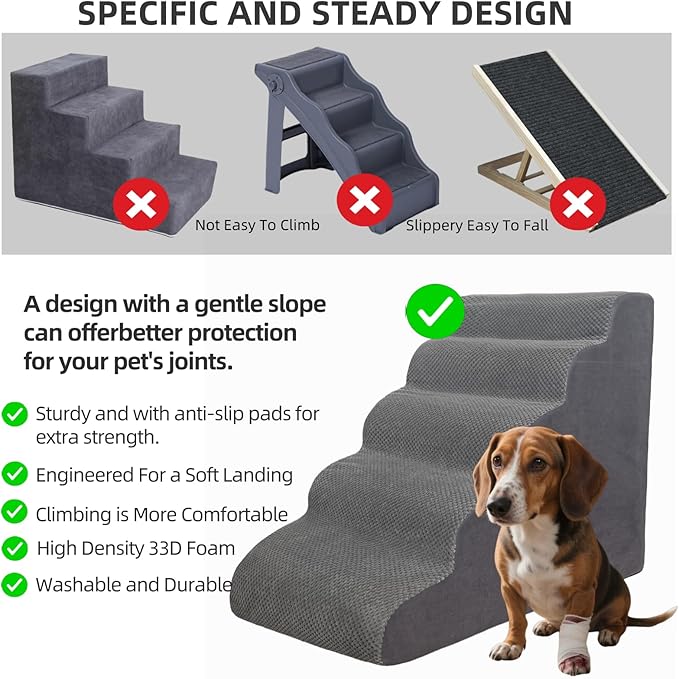 5 Step Pet Stairs Ramp for High Beds Sofas 5-30 Inch with Sturdy Non Slip Waterproof Pads, Machine Washable Cover Indoor Balanced Design for Cats Dogs Small Medium Large XL Pets Grey (Grey, Large, 1)