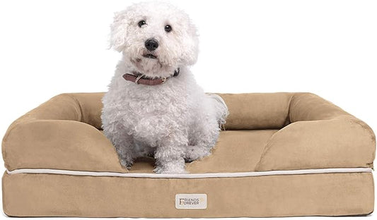 Chester Large Dog Bed - Orthopedic Memory Foam Mattress, Calming Couch, Wall Rim Pillow, Water Resistant, Washable Cover, Non-Slip, Khaki Beige