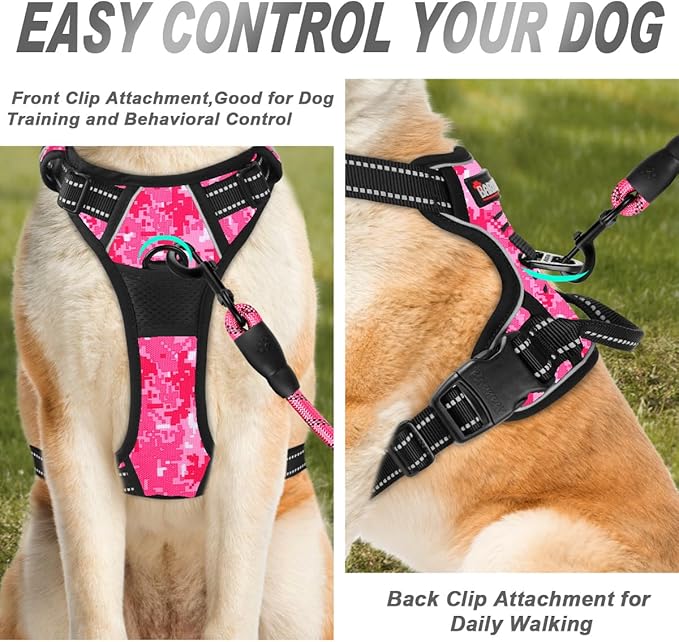 BARKBAY No Pull Dog Harness Front Clip Heavy Duty Reflective Easy Control Handle for Large Dog Walking(Pink camo,L)