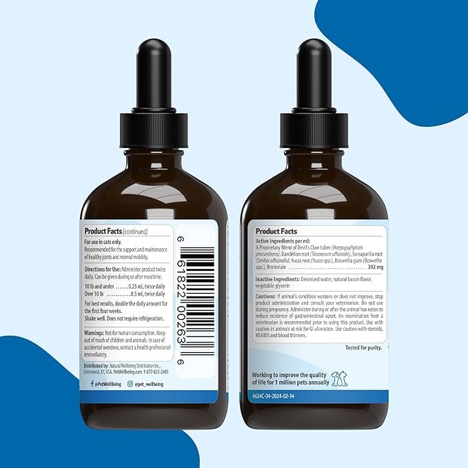 Pet Wellbeing Agile Joints for Cats - Veterinarian-Formulated - Hip and Joint Health, Mobility, Devil’s Claw, Boswellia, Joint Ligament and Cartilage - Herbal Supplement 4 oz (118 ml)