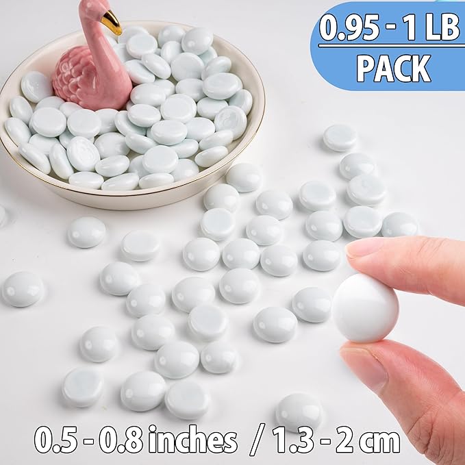 White Glass Marbles, 0.97 LB Flat Glass Beads for Vases, Mosaic Gem Pebbles for Aquarium Decor, Floral Arrangements Vase Filler Smooth Mancala Stones and Crafts Approx. 80-100PCS