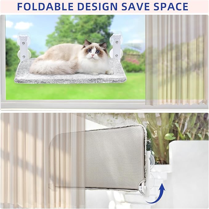 pettycare Cat Window Perch, Cordless Cat Window Hammock Bed with 4 Strong Suction Cups, Foldable Kitten Balcony Seat for Inside Hold Up to 40lbs, Solid Metal Frame and Soft Reversible 2 Fabrics Cover