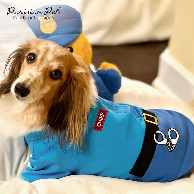 Parisian Pet Sleeved Cop Costume - Embroidered Police Dog Shirt - Blue Cotton & Polyester Sleeved Cop Costume for Large Dogs (Large)