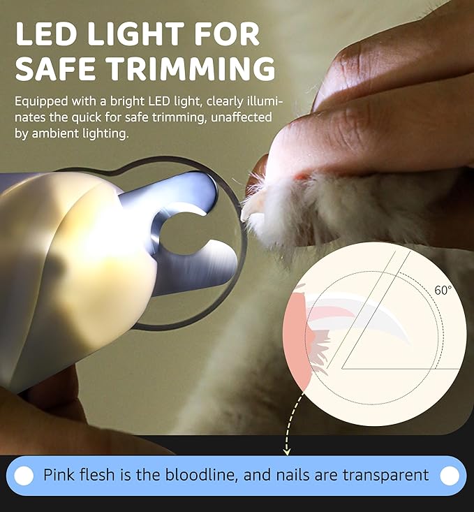 Pet Nail Clipper with Light for Cats & Small Dogs Puppies, Ultra Bright LED to Illuminate Nail Bloodline to Avoid Over Cutting, Extra-Sharp and Durable Cat Claw Trimmer with Nail File (White)