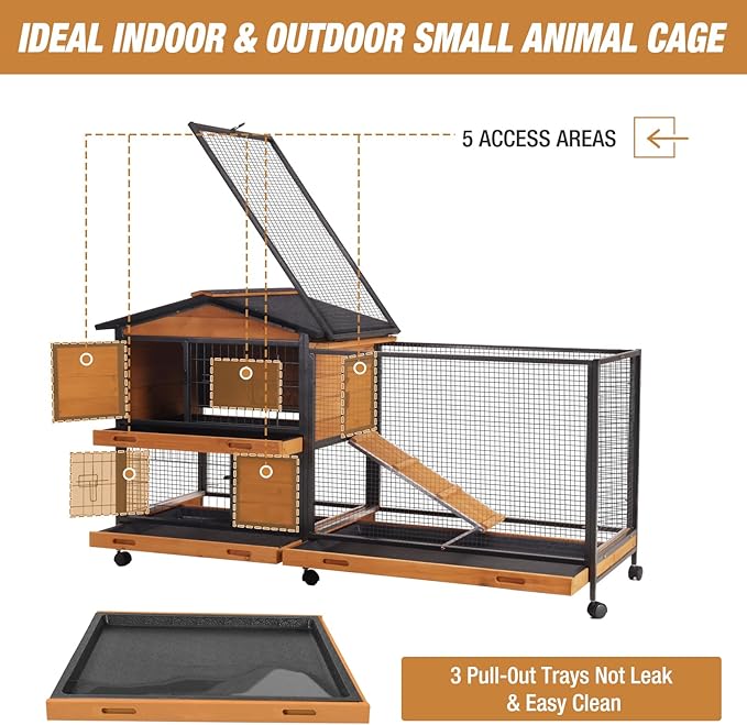 Rabbit Hutch Bunny Cage Strong Iron Frame Rabbit Cage Indoor and Outdoor Chicken Coop with Casters Waterproof Roof, Great for Rabbit,Bunny,Guinea Pig,Chickens.