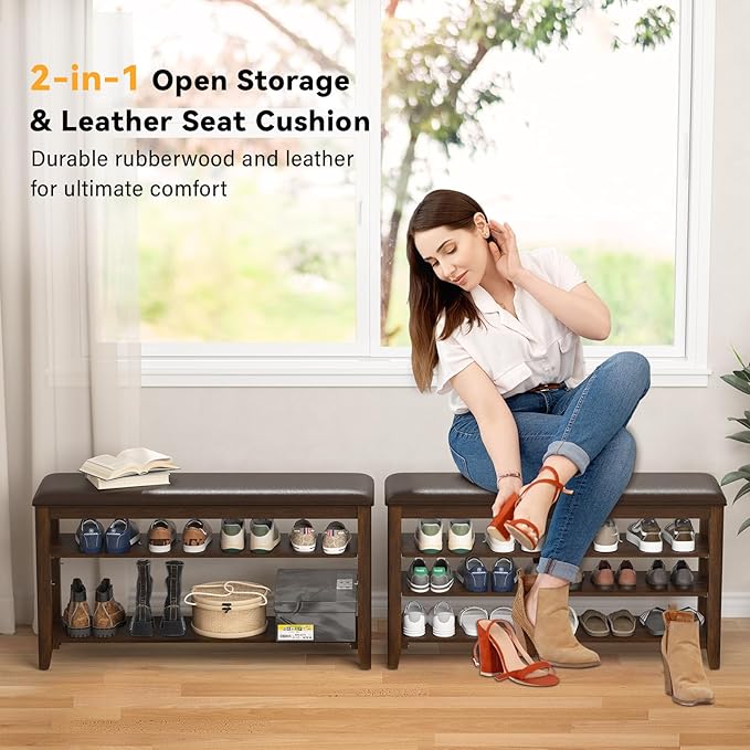 Entryway Shoe Storage Bench with Leather Cushion, Shoe Organizer Bench for Entryway, Ideal for Hallways Front Doors Entrances Mudrooms Featuring Rubberwood And 3 Height-Adjustable and Removable Shelve
