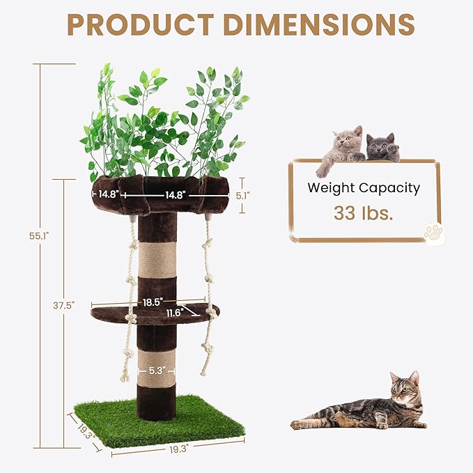 SHA CERLIN 55 Inches Cat Tree Tower with Leaves/Cozy Perches with Scratching Post for Indoor Kittens and Adults Cats/Sisal Rope and Simulated Lawn with Wide Base/Brown & Green
