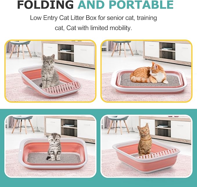 Open Top Cat Litter Box, Large Foldable Cat Potty Height-Adjustable Sides Anti-Splash, Open Air Kitty Litter Pan No Smell, Cat Toilet Easy Clean with Cat Litter Scoop (Pink)
