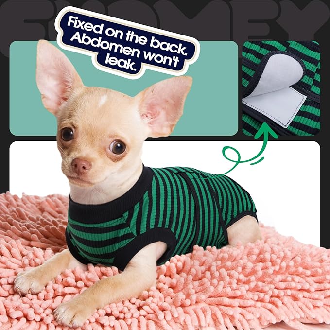 FUAMEY Recovery Suit for Dogs After Surgery,Soft Breathable Dog Bodysuit E-Collar & Cone Alternative Surgical Suit,Male Female Dog Neuter Spay Suits Anti Licking Wounds Onesie Green Black Stripes XS