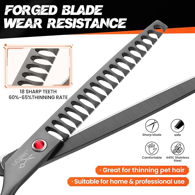 JASON 7.5" Dog Grooming Scissor - Professional Thinning Chunker Shear with 18 Teeth Japanese Stainless Steel Hair Scissors for Dogs, Cats and Other Pets (Chunker, Black)