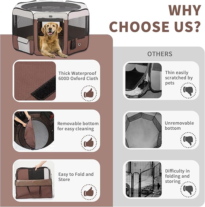 DONORO Dog Playpen Portable Pet Play Pens for Small Dog/Cat/Rabbit/Chicks, Cat Playpen Indoor/Outdoor with Carring Case, Removable Zipper Top and Bottom (Brown, Small (28"x28"x14"), 8)