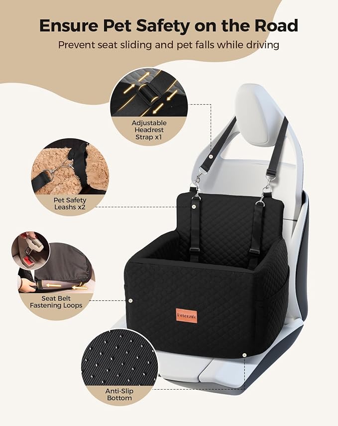 Dog Car Seat for Small & Medium Dogs Under 35lbs, Detachable & Washable Pet Car Seat, Interior Height 6 Inches Pet Travel Bed with Storage Pockets and 2 Dog Safety Belts (Black)