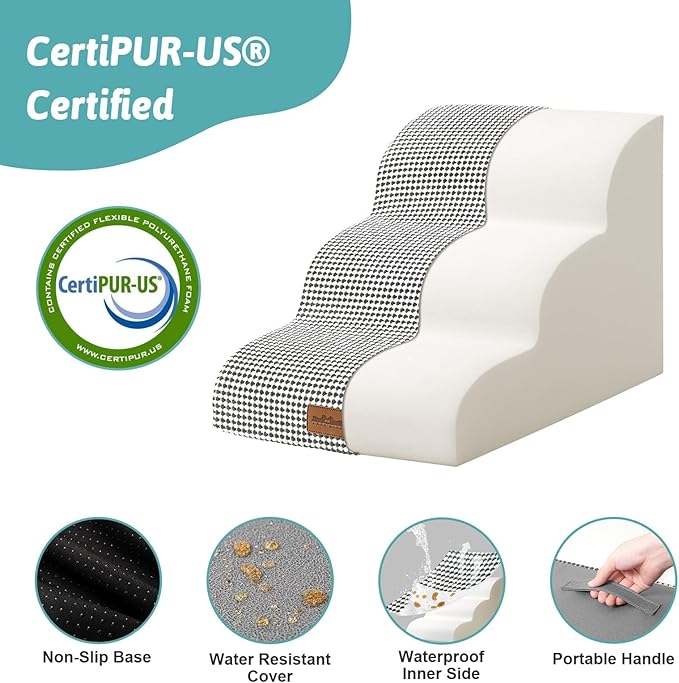 Dog Stairs for Small Dogs 15.7" H, Curved Dog Step for Puppy, Older Cat, Medium Pet Ramp for Sofa, Couch or Chair, Ladder with High Density Foam, 15.7x22.4x15.7 inch, 3 Step, White Black