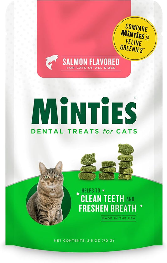 Minties Dental Treats for Cats, Salmon Flavored Treats for Cats, Freshens Breath and Controls Tartar, 2.5oz